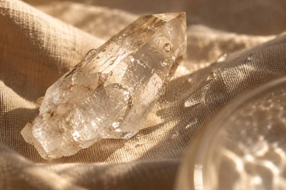 A clear Quartz Crystal resting on linen in warm light