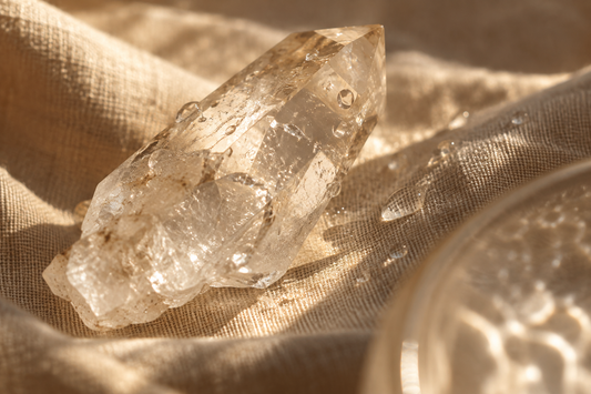A clear Quartz Crystal resting on linen in warm light