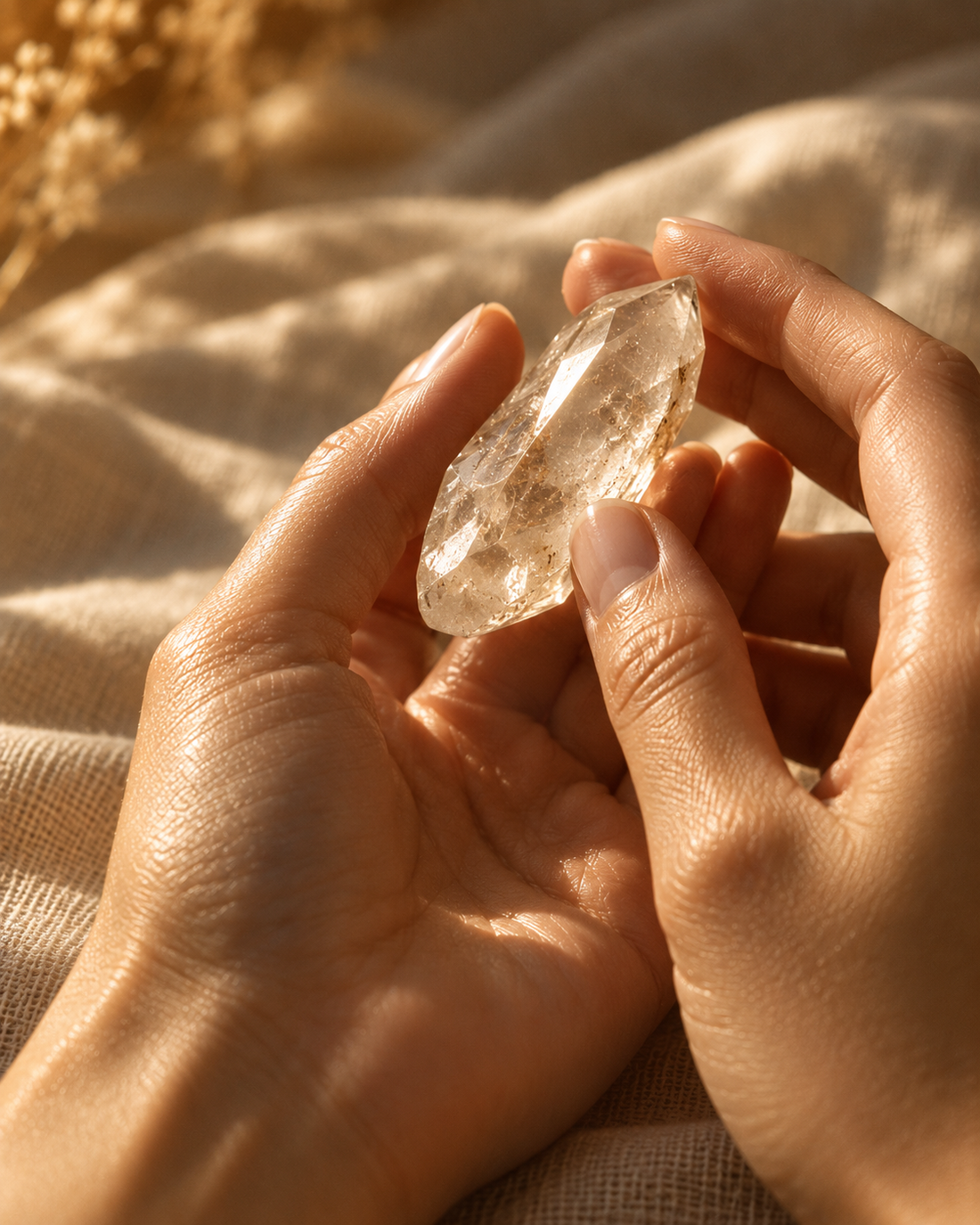 Two hands holding a Quartz Crystal
