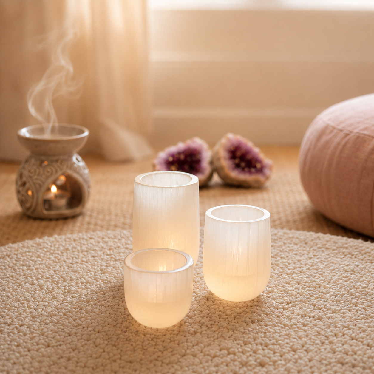 ANASCRYSTALCARE A set of three sizes Selenite Luxe Tealight Holder
